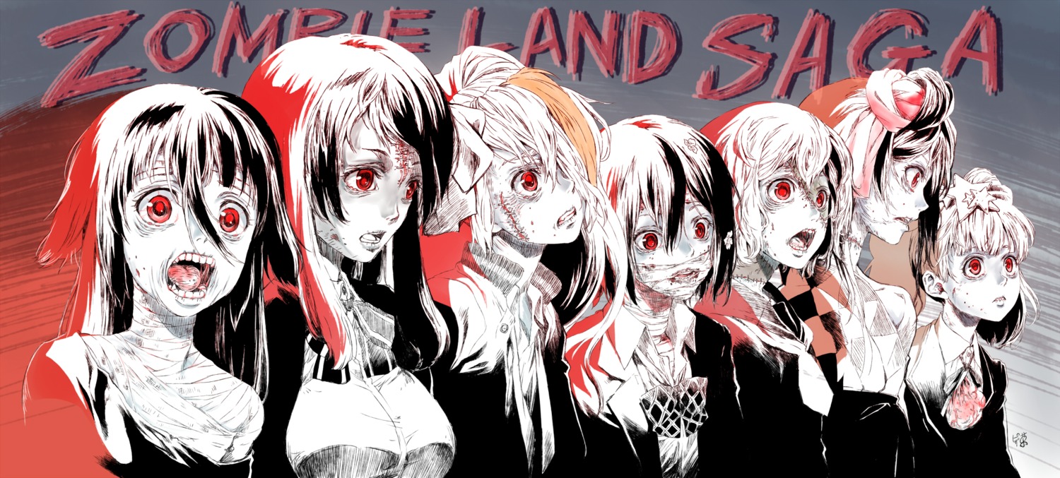 bandages, hoshikawa_lily, konno_junko, minamoto_sakura, mizuno_ai, nikaido_saki, pizza_man, seifuku, trap, yamada_tae, yuugiri_(zombieland_saga), zombieland_saga