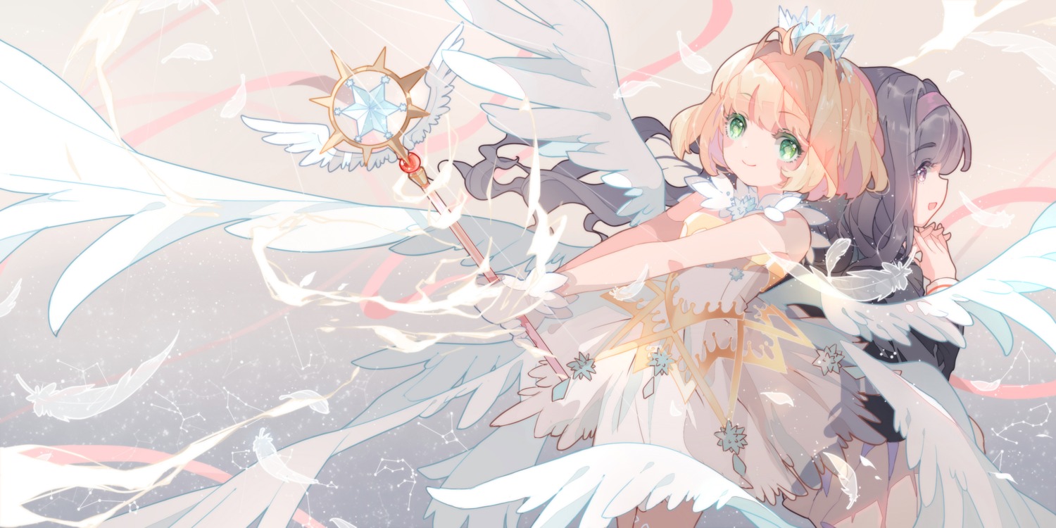 card_captor_sakura, daidouji_tomoyo, dress, kinomoto_sakura, rokusai, seifuku, weapon, wings