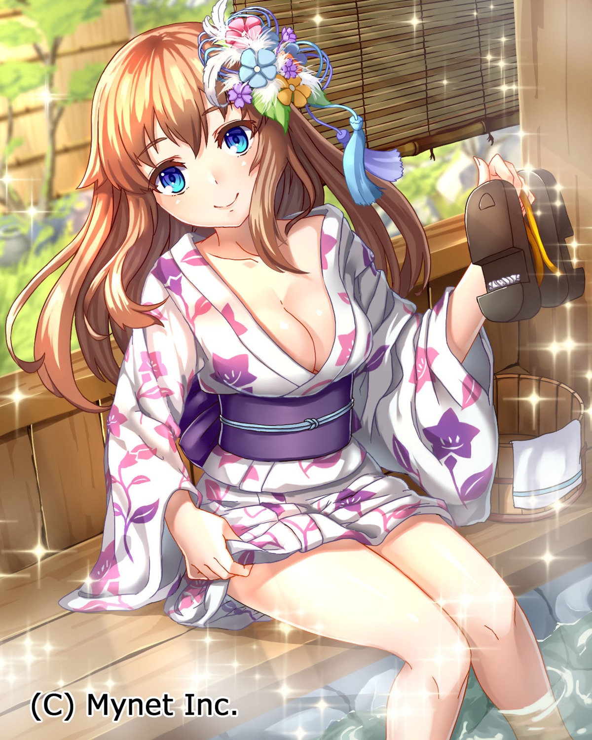 cleavage, falkyrie_no_monshou, no_bra, onsen, open_shirt, pensuke, skirt_lift, wet
