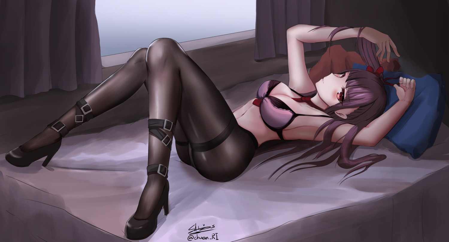 bra, cleavage, garter, girls_frontline, heels, ichikawayan, pantsu, pantyhose, see_through, wa2000_(girls_frontline)