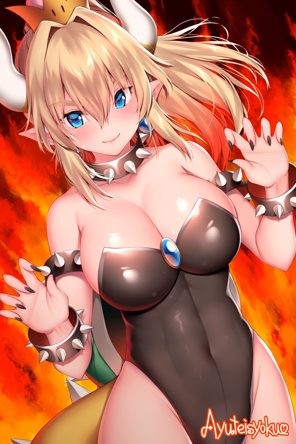 ayuteishoku, bowsette, cleavage, horns, leotard, mario_bros., new_super_mario_bros._u_deluxe, pointy_ears