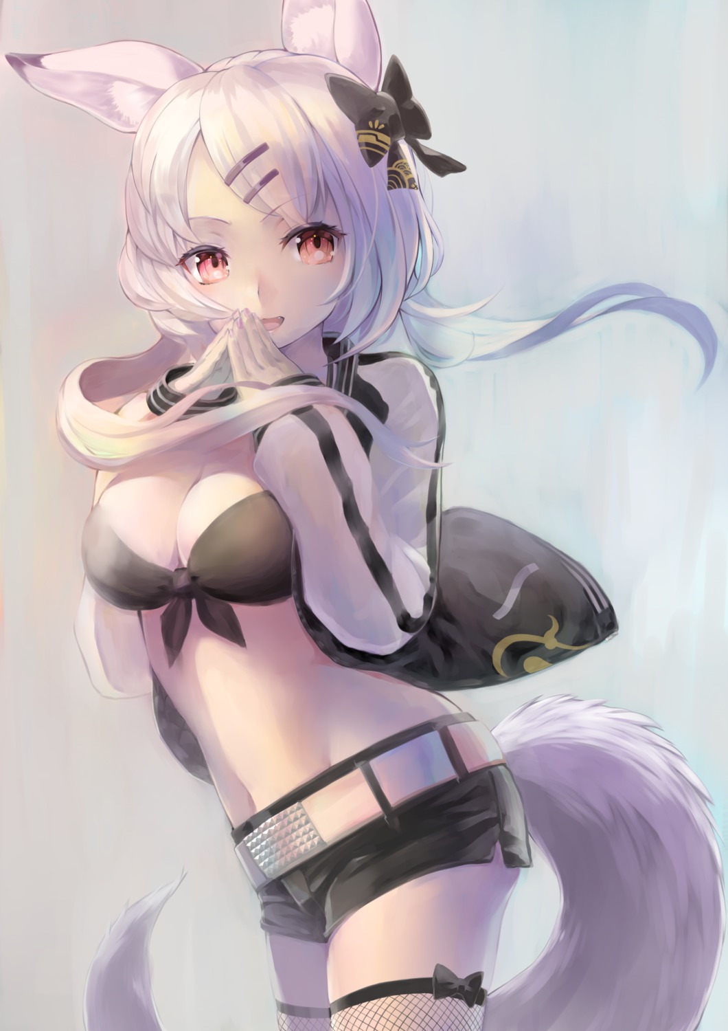 animal_ears, bikini_top, cleavage, fishnets, jinguuji_tamamo, open_shirt, revdol!_virtual_idols_next_to_you, rin2008, swimsuits, tail, thighhighs