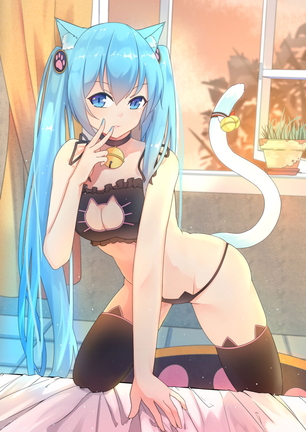 animal_ears, cleavage, hatsune_miku, lingerie, menghuan_tian, nekomimi, pantsu, tail, thighhighs, vocaloid
