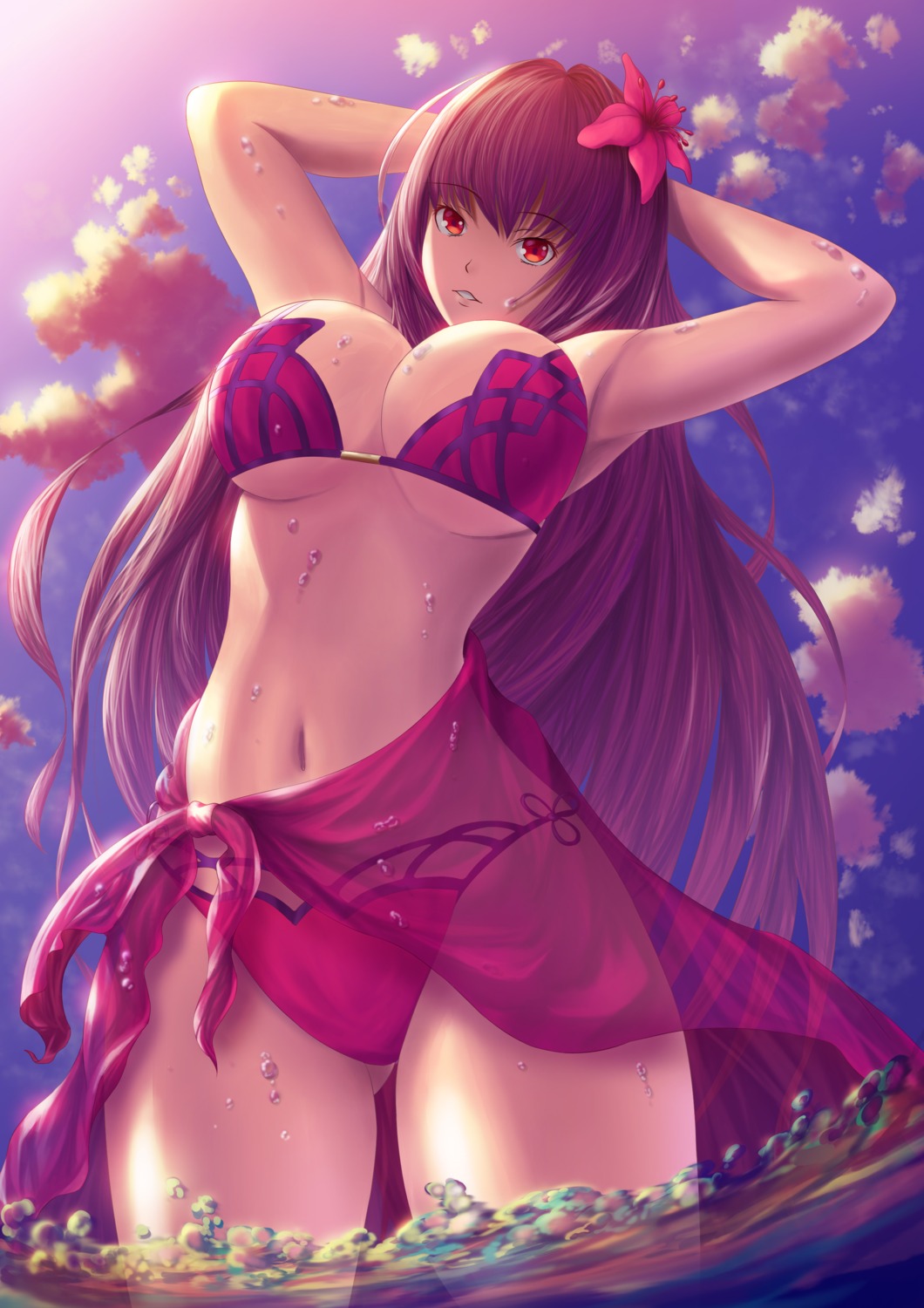 bikini, fate/grand_order, fujifuji, garter, scathach_(fate), see_through, swimsuits, underboob, wet