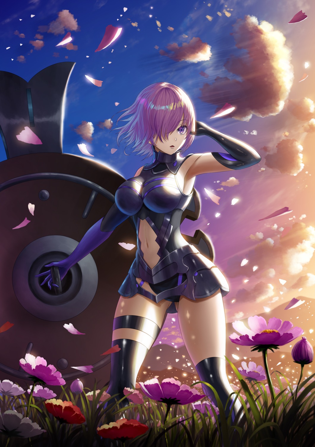 armor, fate/grand_order, fujifuji, garter, heels, leotard, mash_kyrielight, thighhighs, weapon