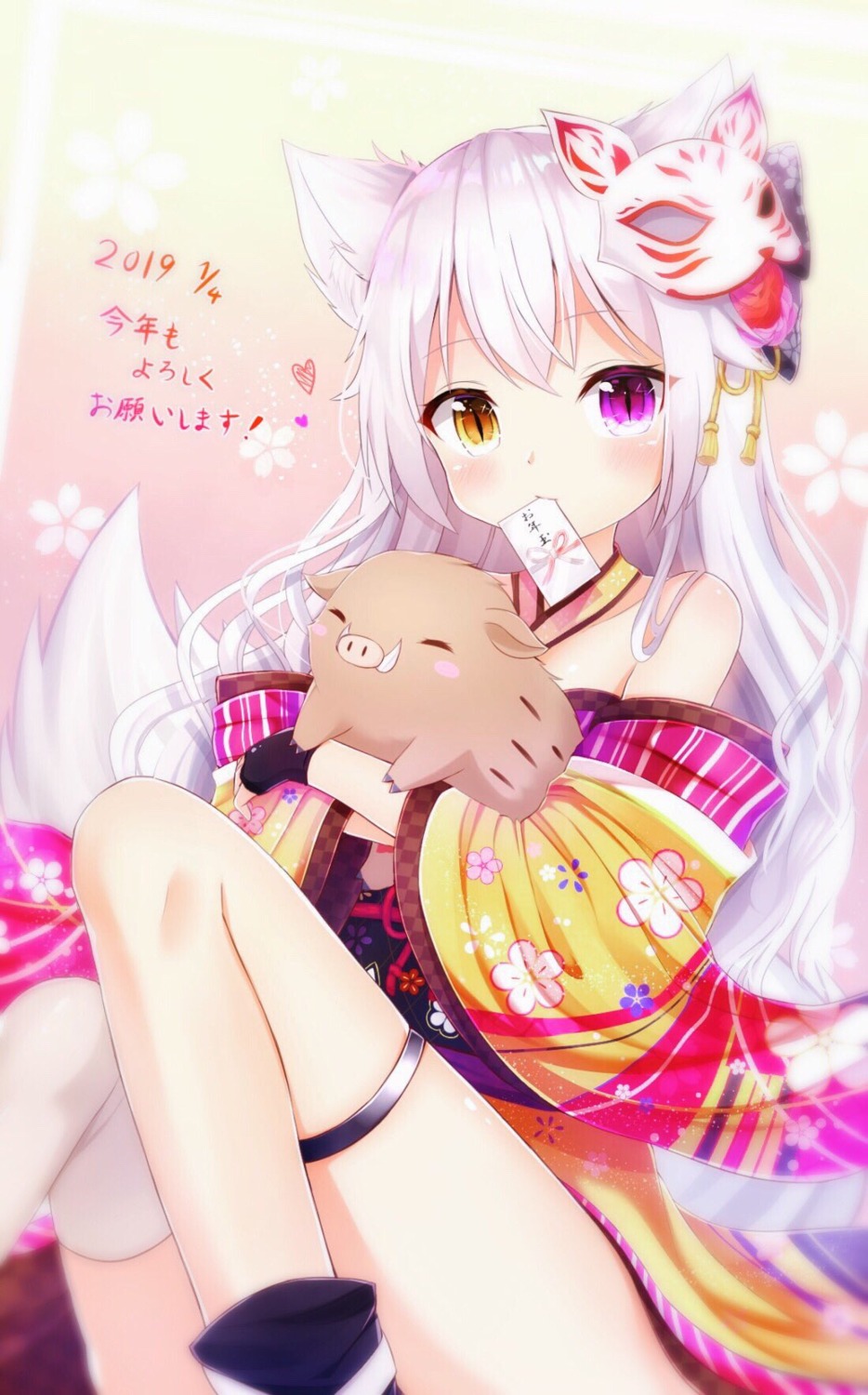 animal_ears, garter, heterochromia, japanese_clothes, kitsune, nya_rl, tail, thighhighs