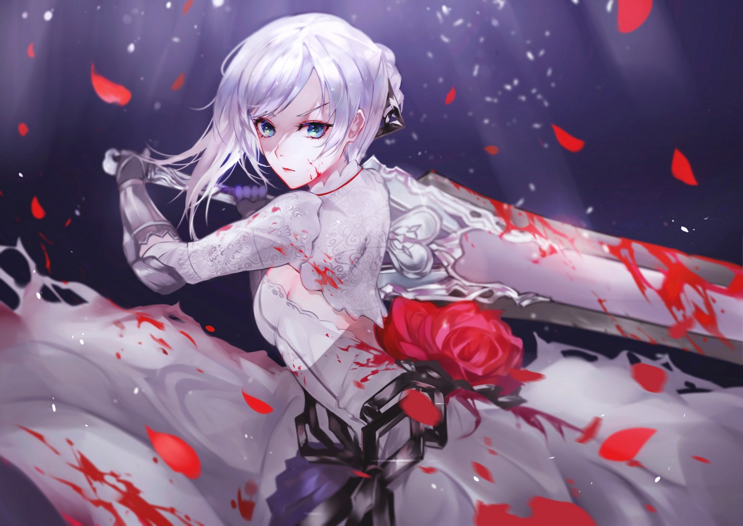 armor, blood, dress, sinoalice, snow_white_(sinoalice), sword, vardan