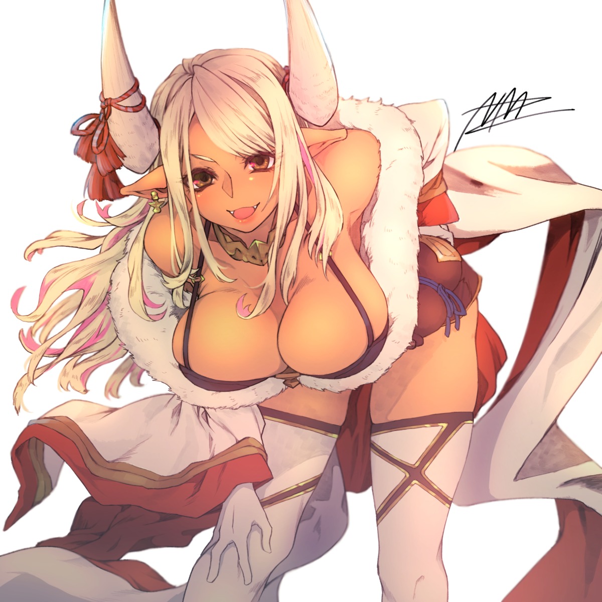 bra, granblue_fantasy, horns, kuvira_(granblue_fantasy), nmz_(namazu), pointy_ears, thighhighs