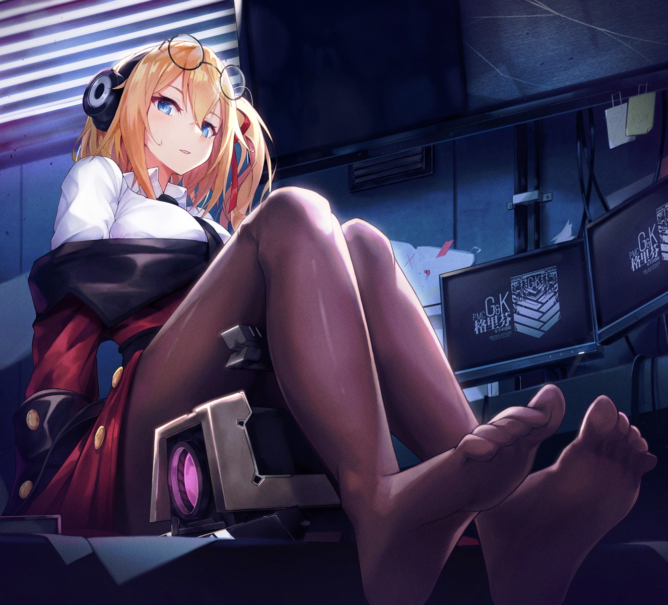 feet, girls_frontline, headphones, kalina_(girls_frontline), megane, pantyhose, pot-palm