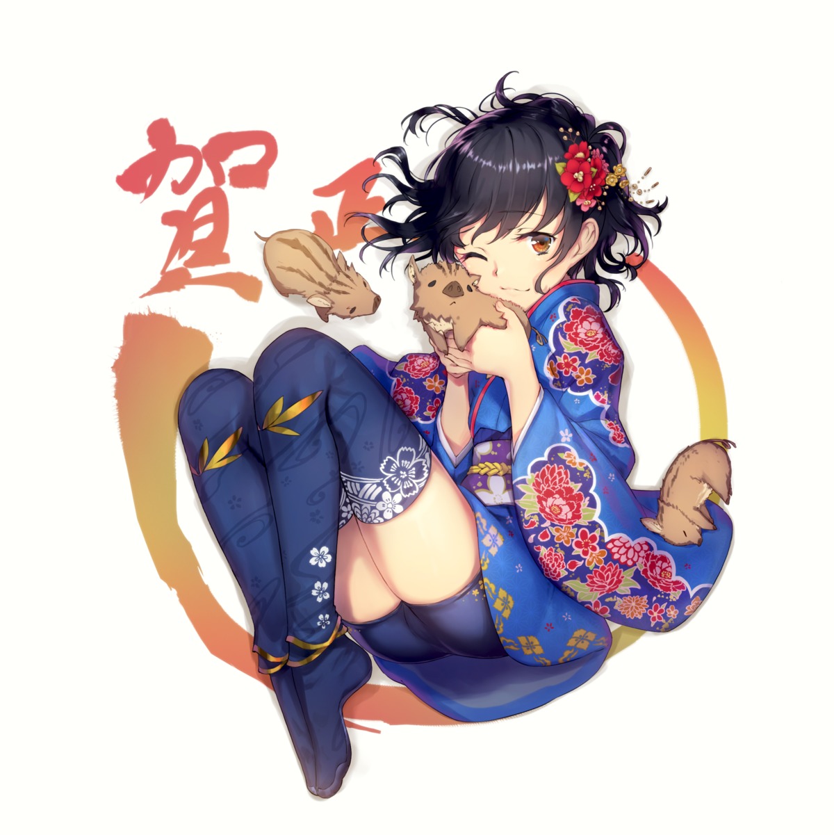 bike_shorts, japanese_clothes, juu., thighhighs