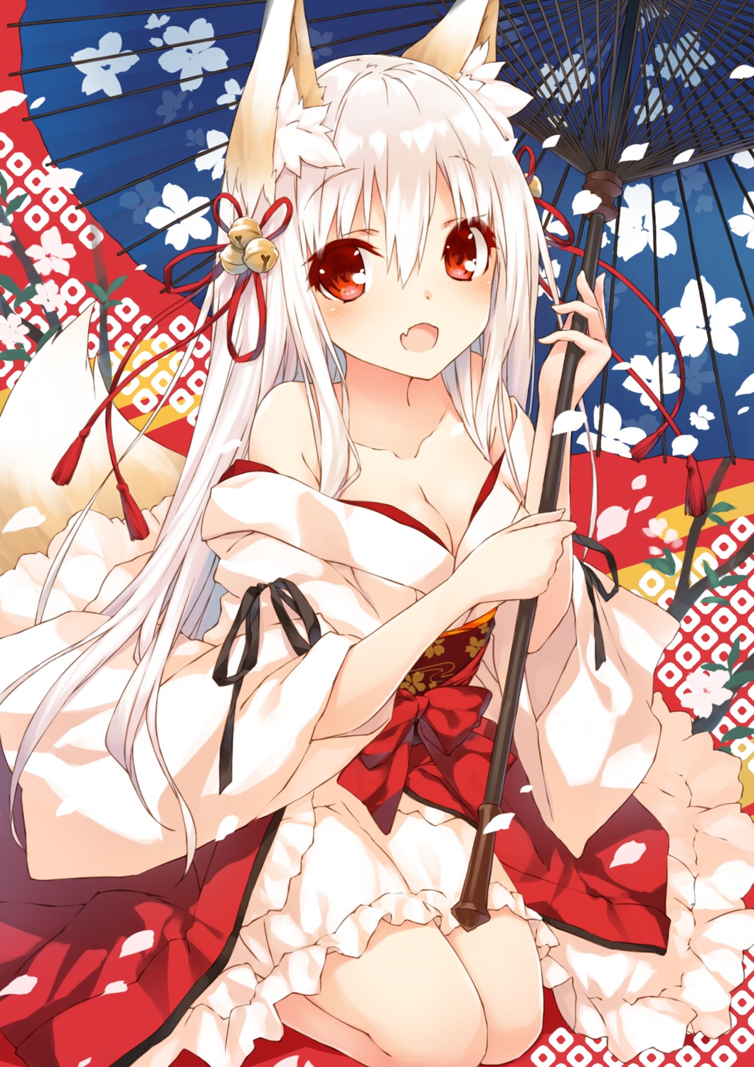 animal_ears, cleavage, japanese_clothes, kitsune, open_shirt, saeki_thoma, tail, umbrella