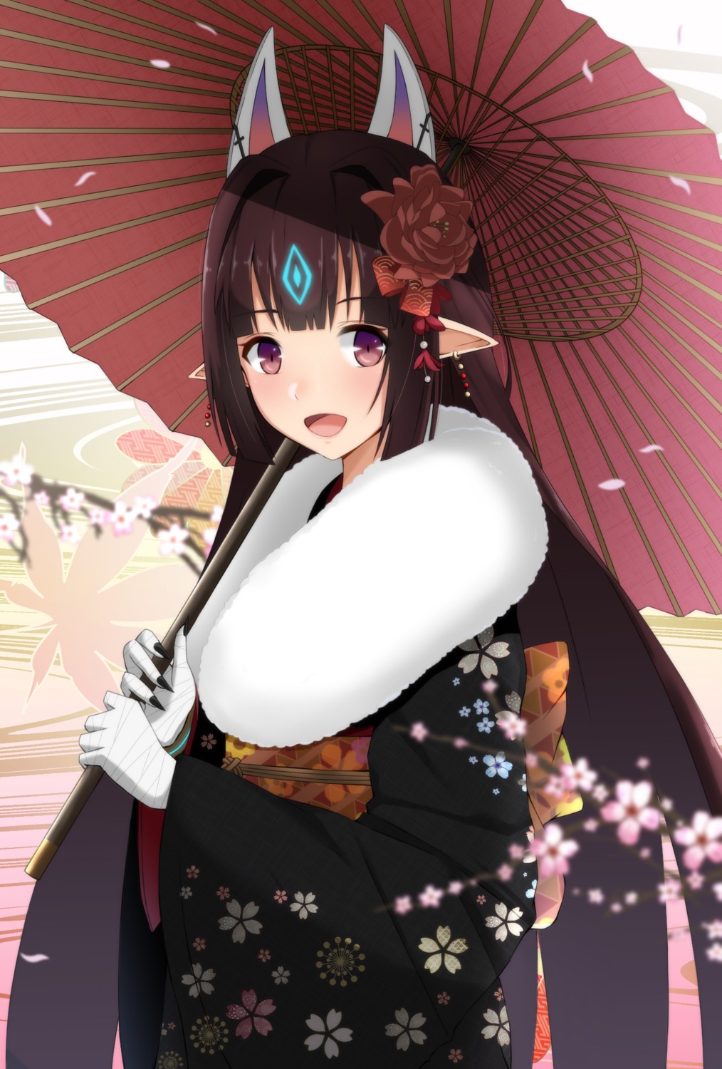 kasane_(xenoblade_2), kimono, mebi_(mebieru), pointy_ears, umbrella, xenoblade_(series), xenoblade_2