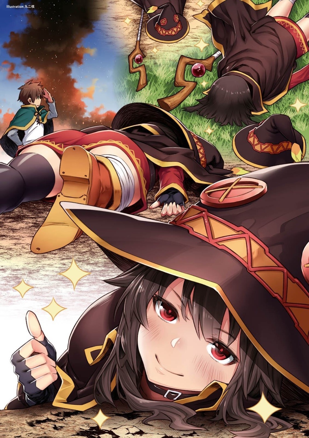 bandages, dress, kono_subarashii_sekai_ni_shukufuku_wo!, kunieda, megumin, satou_kazuma, thighhighs, weapon