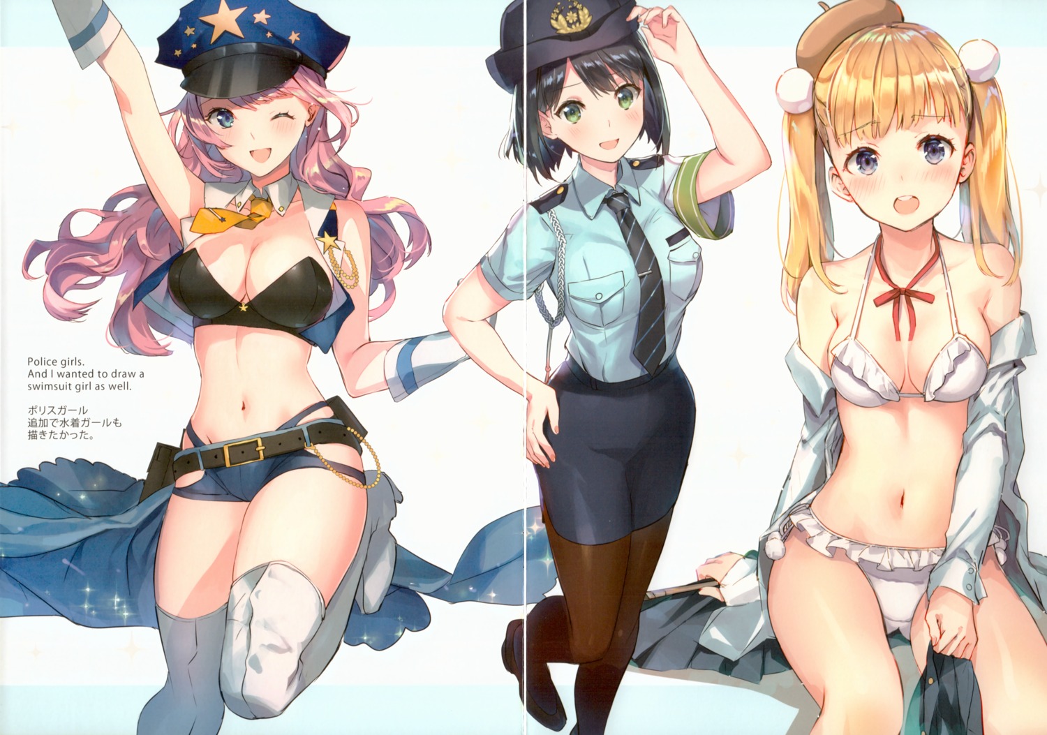 bikini, cleavage, fixme, gap, heels, open_shirt, police_uniform, raemz