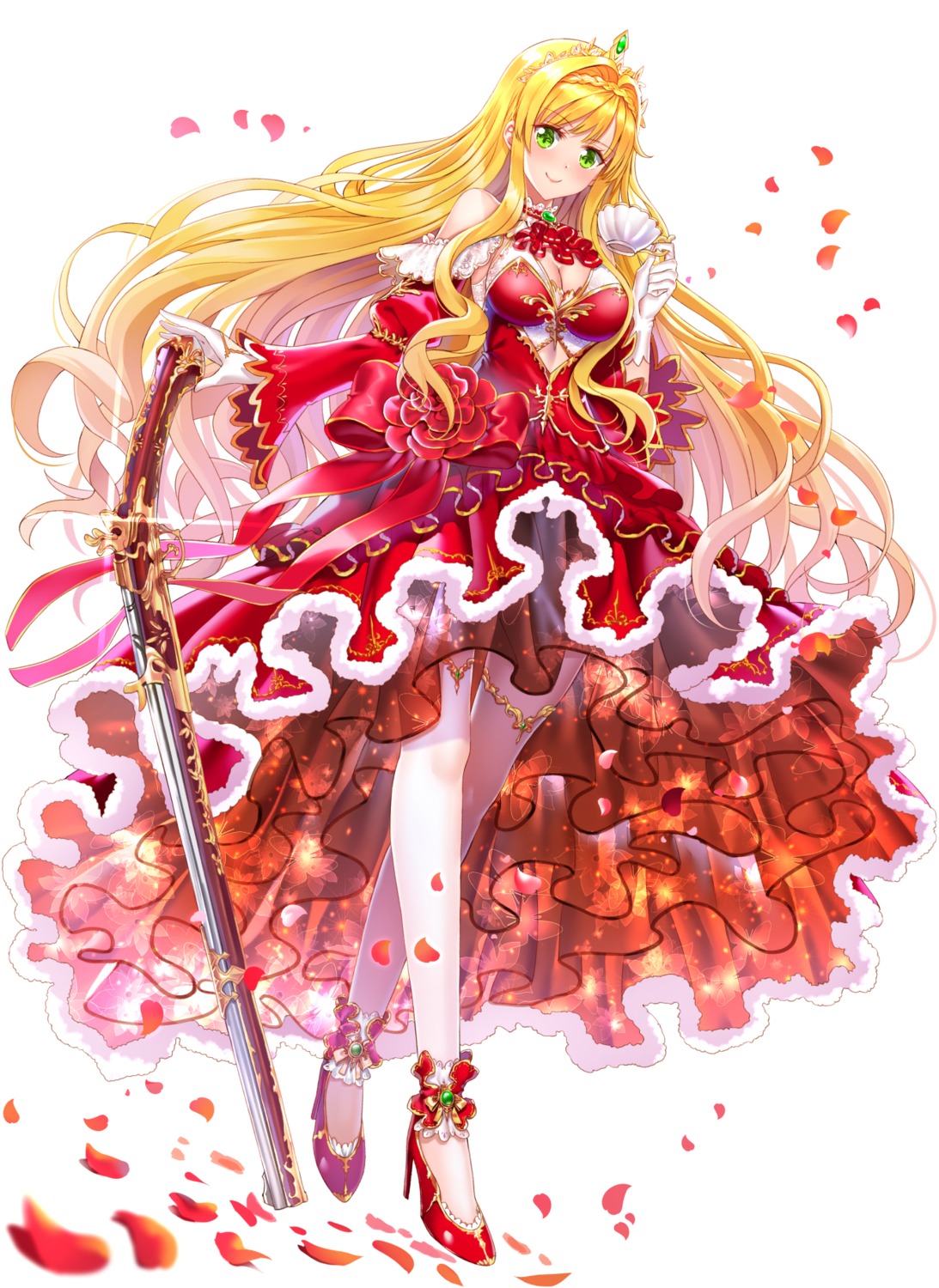 black_tea_(food_fantasy), cleavage, dress, food_fantasy, gun, heels, see_through, swordsouls