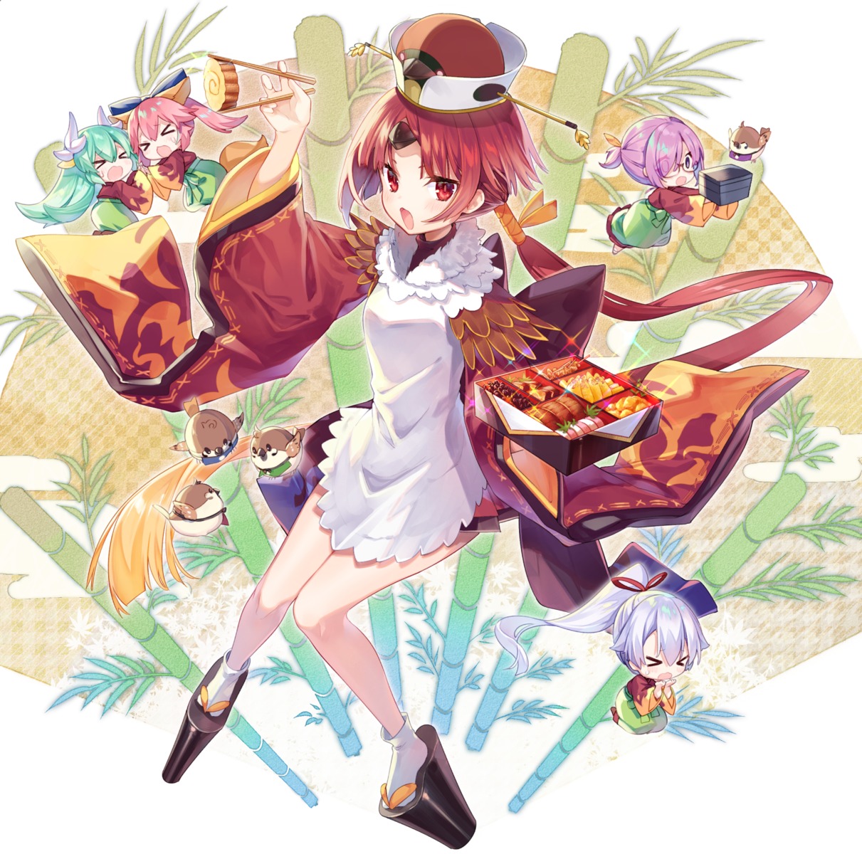 animal_ears, benienma_(fate/grand_order), chibi, fate/grand_order, horns, japanese_clothes, kiyohime_(fate), mash_kyrielight