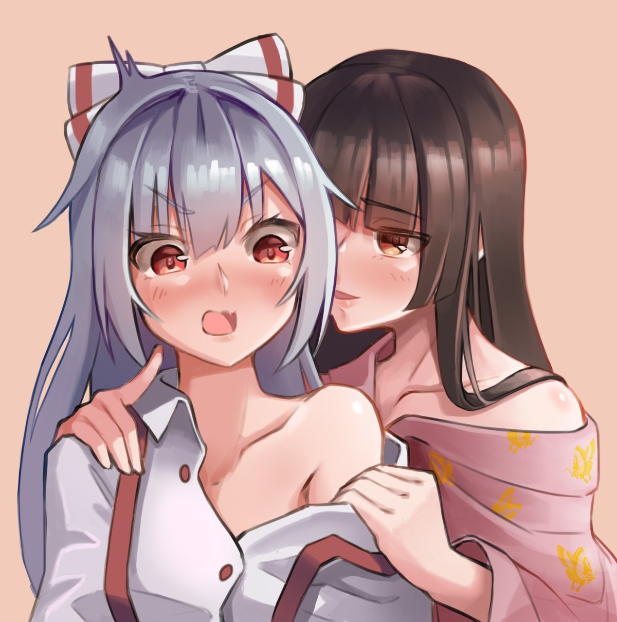 fujiwara_no_mokou, houraisan_kaguya, joeychen, open_shirt, touhou, undressing, yuri