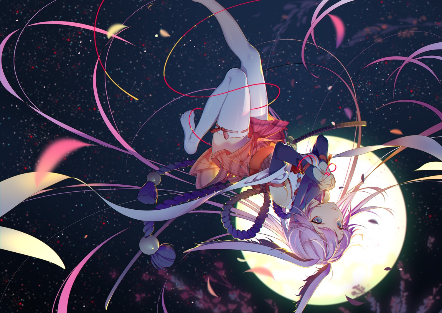 animal_ears, benghuai_xueyuan, japanese_clothes, rosele, skirt_lift, sword, thighhighs, yae_sakura_(benghuai_xueyuan)