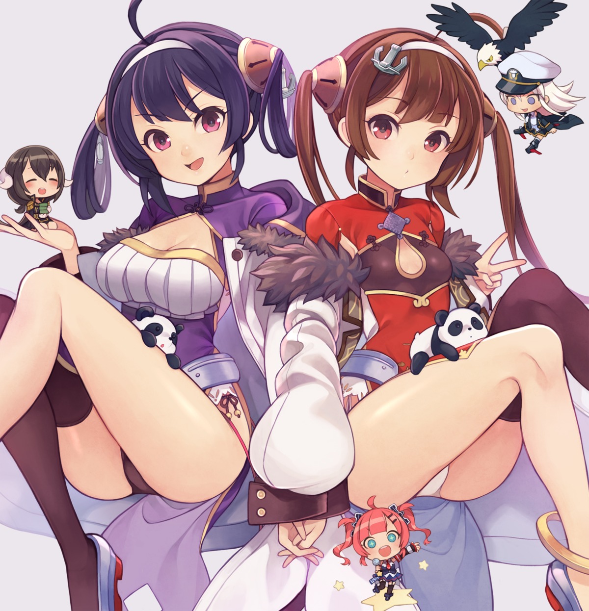 azur_lane, chibi, chinadress, cleavage, enterprise_(azur_lane), heels, mikasa_(azur_lane), ning_hai_(azur_lane)