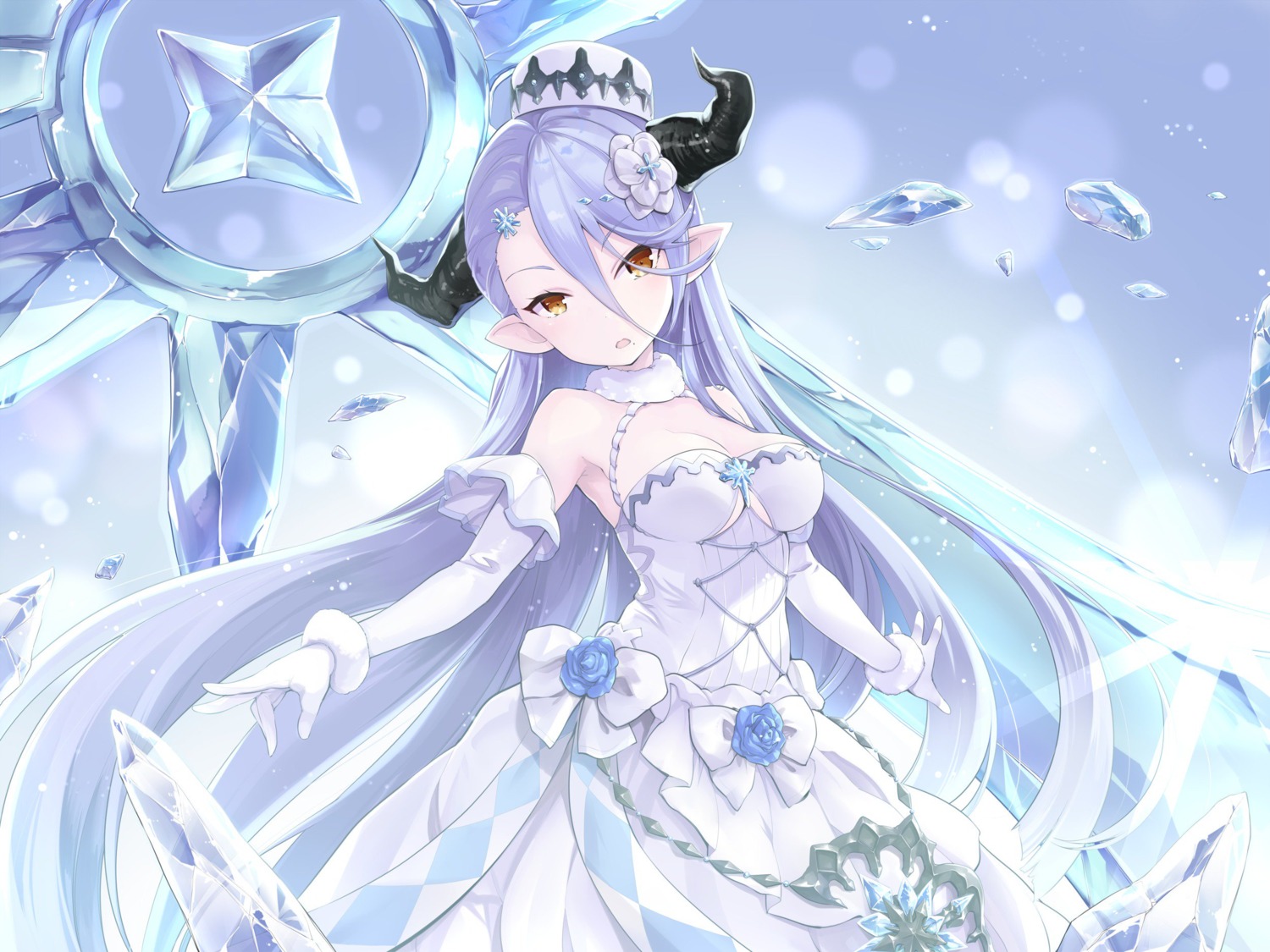 cleavage, dress, horns, nino_(shira825), pointy_ears, weapon, wedding_dress