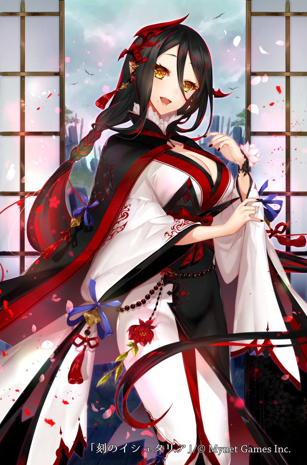 apt, cleavage, japanese_clothes, koku_no_ishtaria, open_shirt, pointy_ears