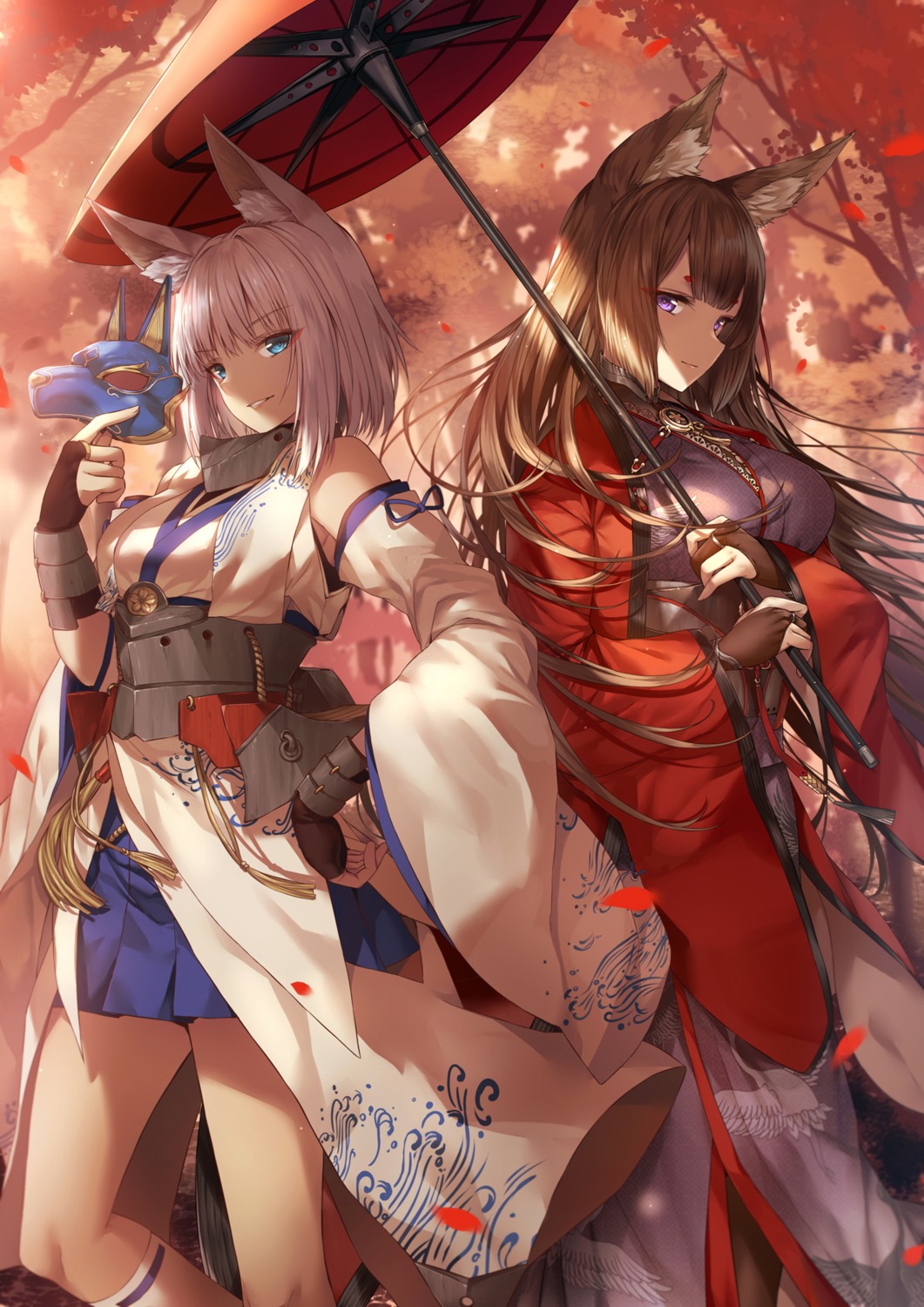 amagi_(azur_lane), animal_ears, azur_lane, japanese_clothes, kaga_(azur_lane), kitsune, luzi, umbrella