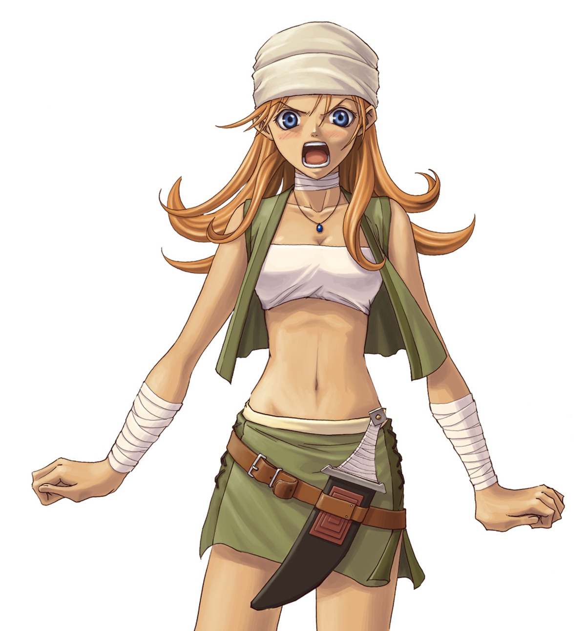 bandages, cleavage, falcom, sword, taue_shunsuke, terra_(ys), ys, ys_vi