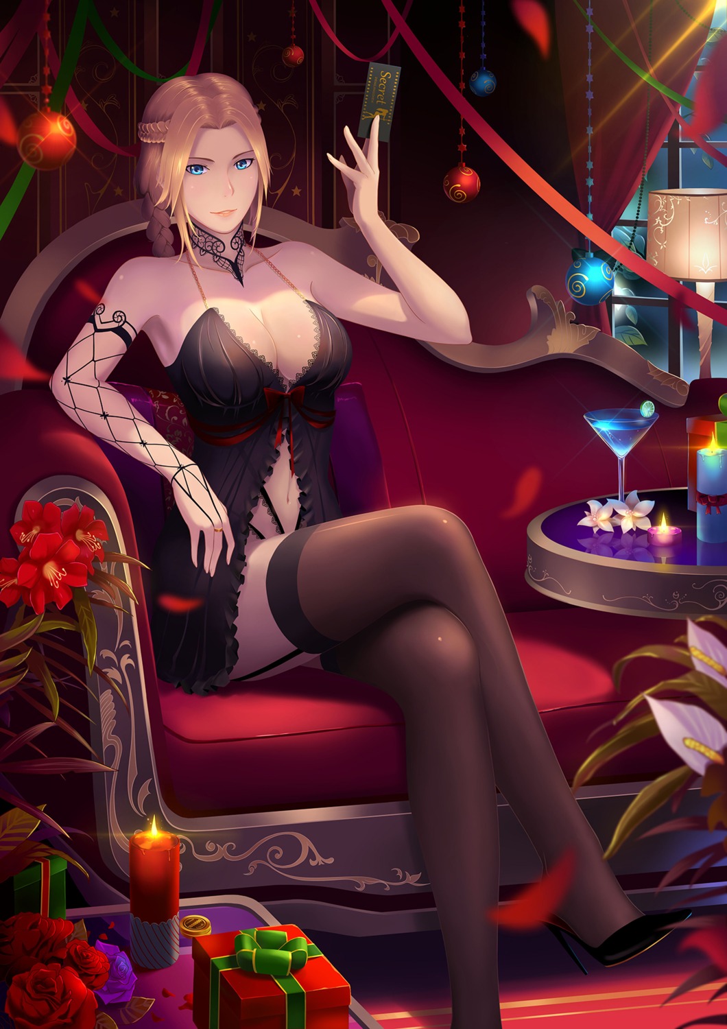 alexiel_(pixiv6211566), cleavage, dead_or_alive, heels, helena_douglas, lingerie, stockings, thighhighs