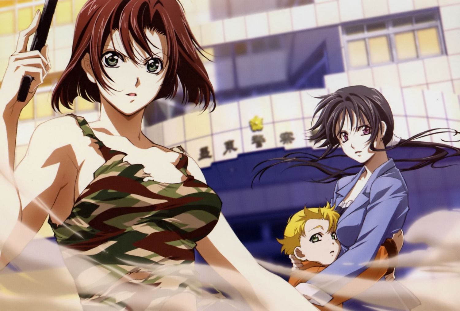 business_suit, gun, kobayakawa_miyuki, nakajima_atsuko, no_bra, randy_hammond, torn_clothes, tsujimoto_natsumi