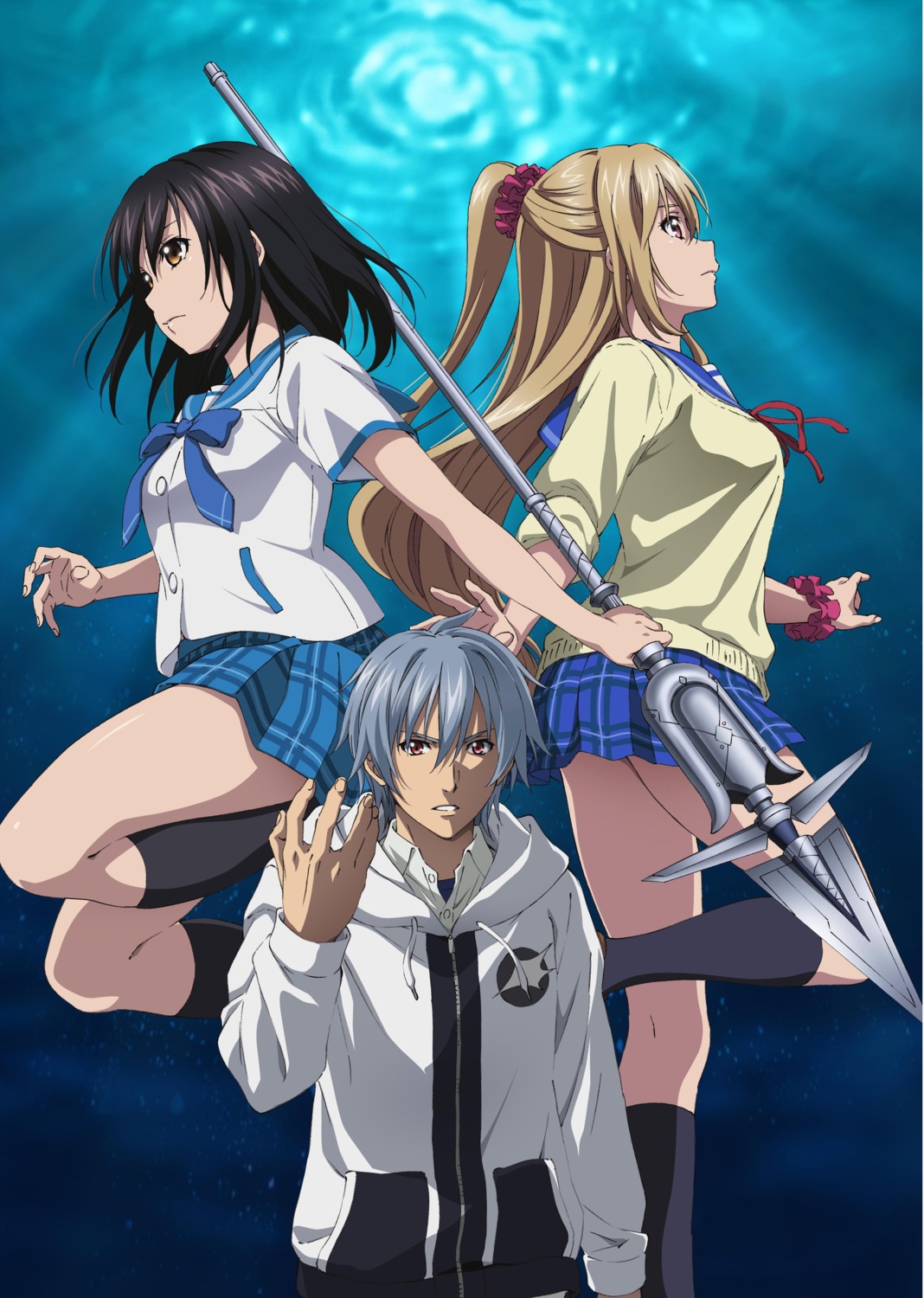 aiba_asagi, akatsuki_kojou, himeragi_yukina, jpeg_artifacts, seifuku, strike_the_blood, sweater, weapon