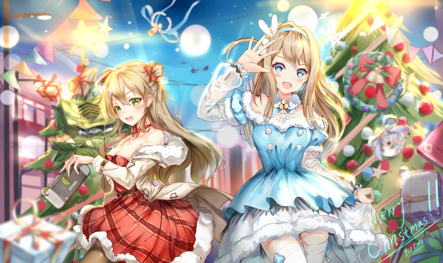 christmas, cleavage, dress, girls_frontline, icefurs, pantyhose, rfb_(girls_frontline), suomi_kp31_(girls_frontline)