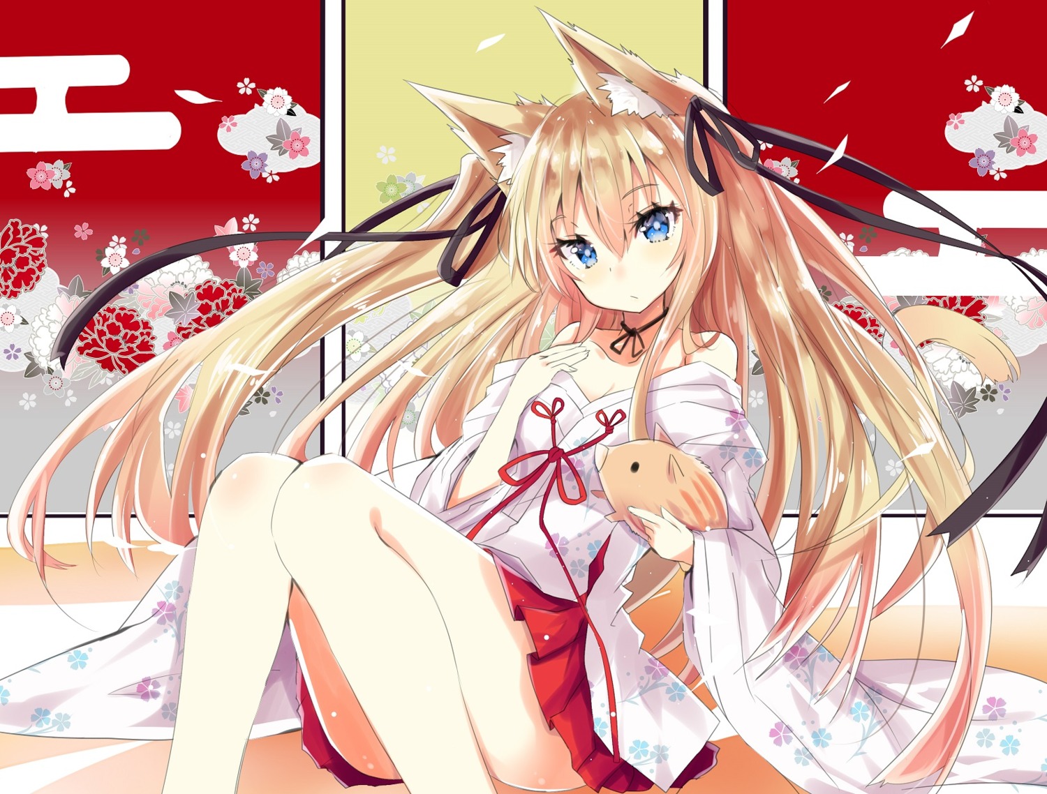 animal_ears, cleavage, hizaka, japanese_clothes, tail