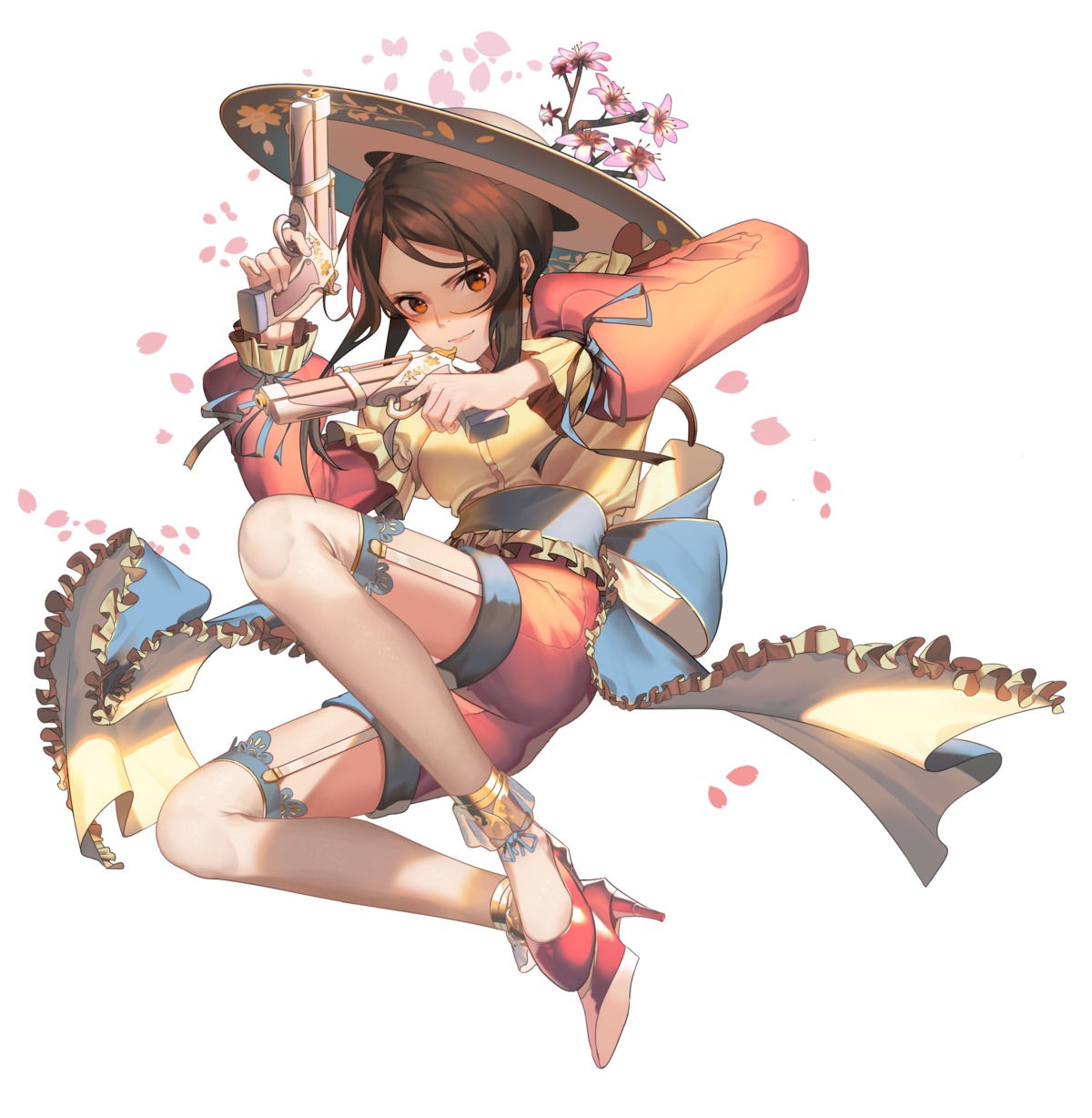 black_tea_(food_fantasy), food_fantasy, gun, heels, hj_(leeho830), stockings, thighhighs, weapon