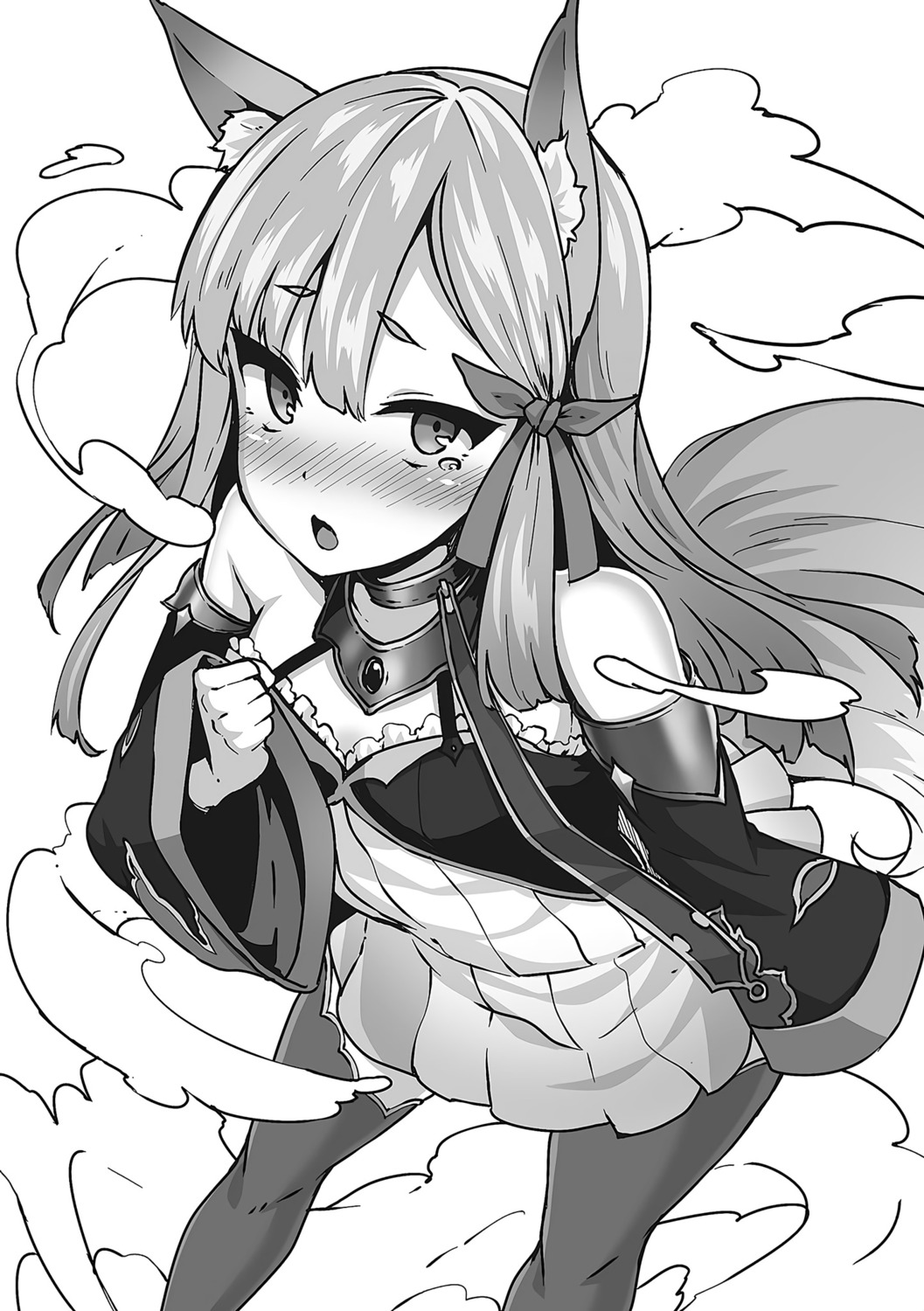 animal_ears, guren_(kaiyari), kaifuku_jutsushi_no_yarinaoshi_sokushi_mahou_to_skill_copy_no_chouetsu_heal, monochrome, shiokonbu, tail, thighhighs