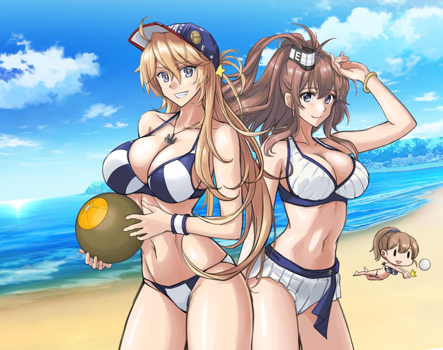 bikini, chibi, cleavage, intrepid_(kancolle), iowa_(kancolle), kantai_collection, saratoga_(kancolle), sozan, swimsuits