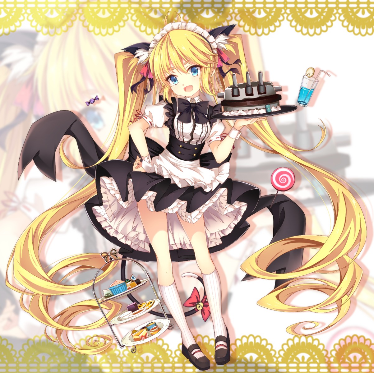 andrea_doria_(zhanjianshaonv), animal_ears, jianren, maid, nekomimi, skirt_lift, tail, zhanjianshaonv