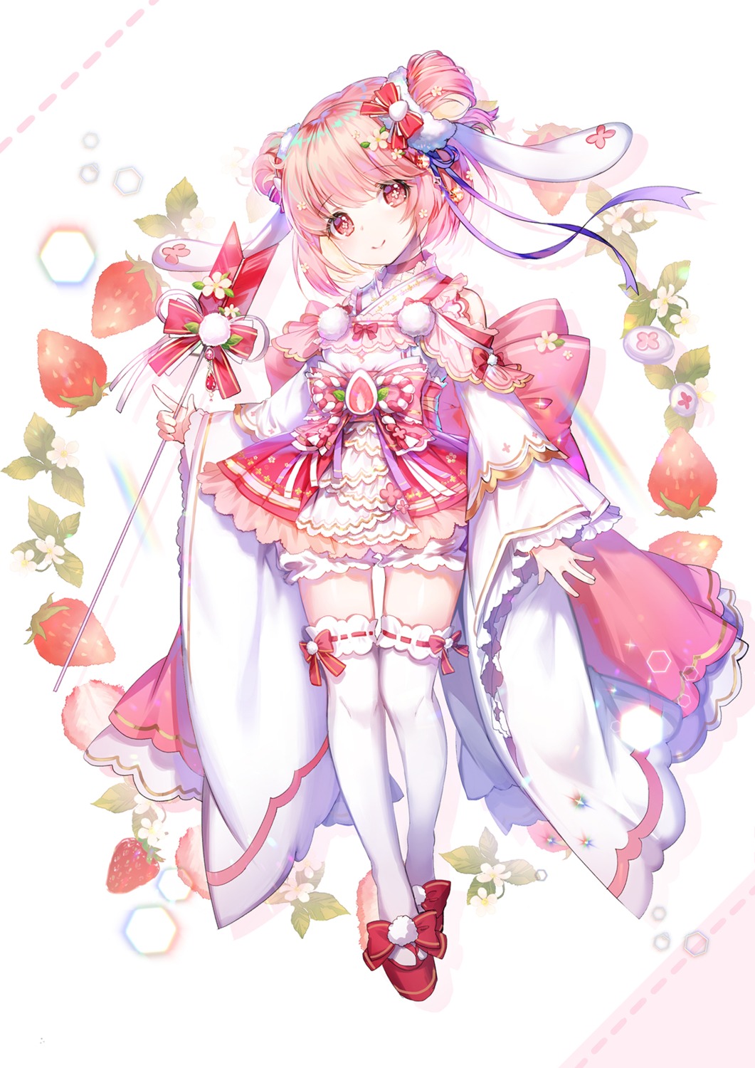 apple_caramel, food_fantasy, ichigo_daifuku_(food_fantasy), japanese_clothes, thighhighs