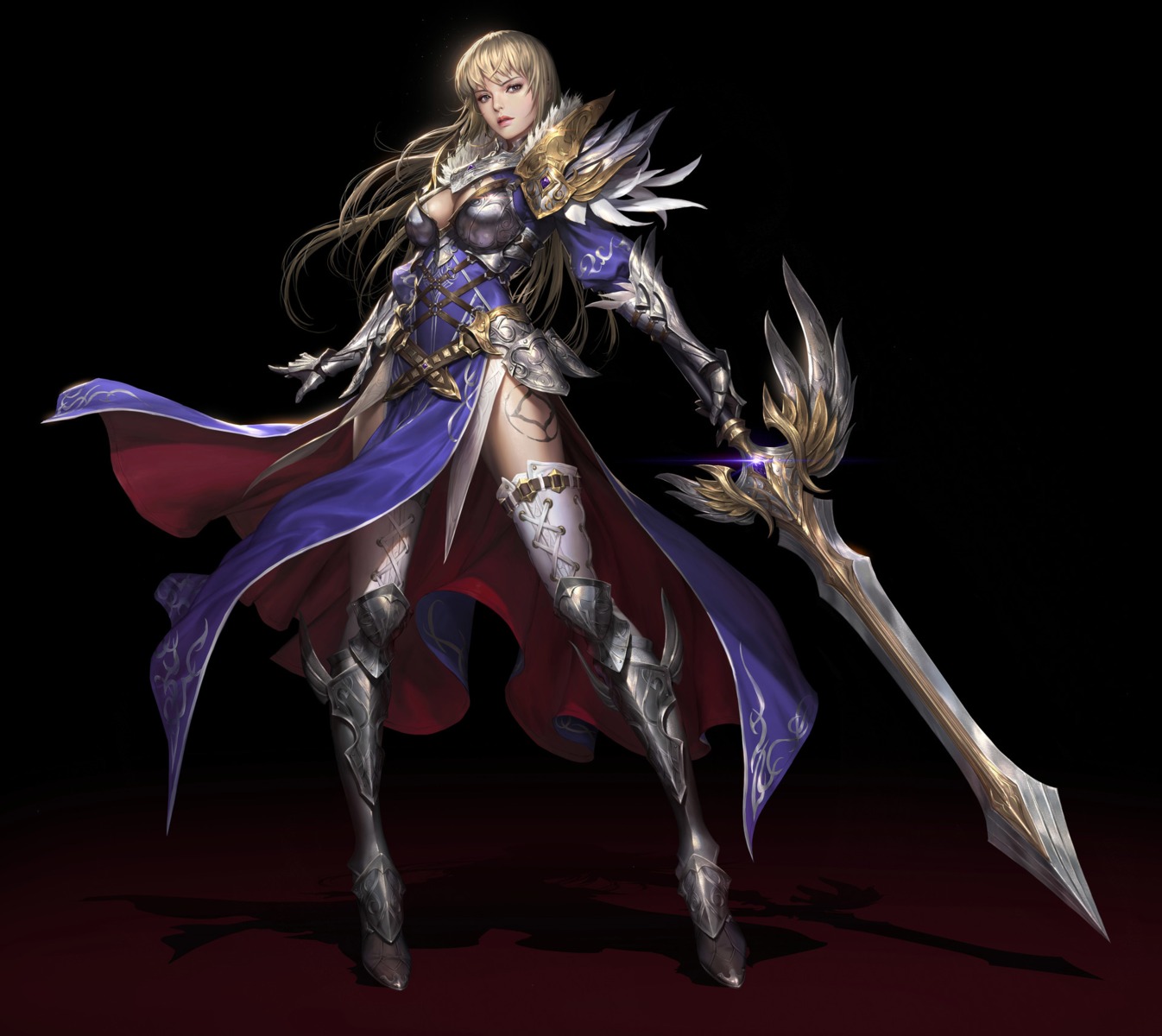 armor, cleavage, dong-wook_shin, sword, tattoo, thighhighs