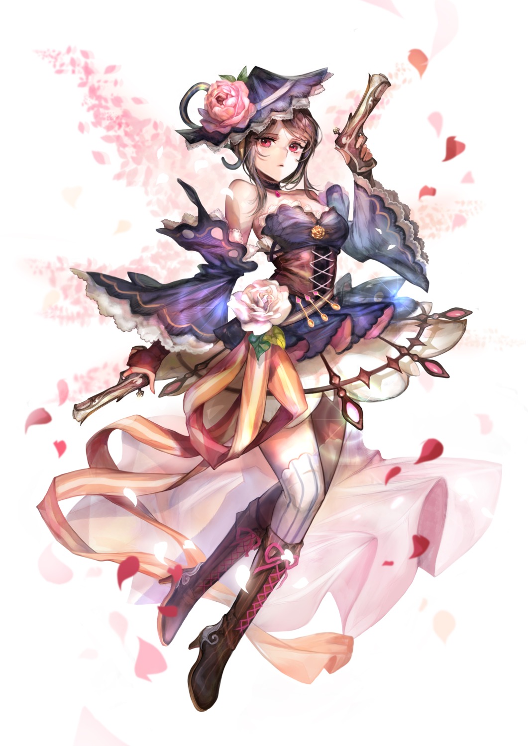 black_tea_(food_fantasy), dress, food_fantasy, gun, heels, nei_(artist), thighhighs