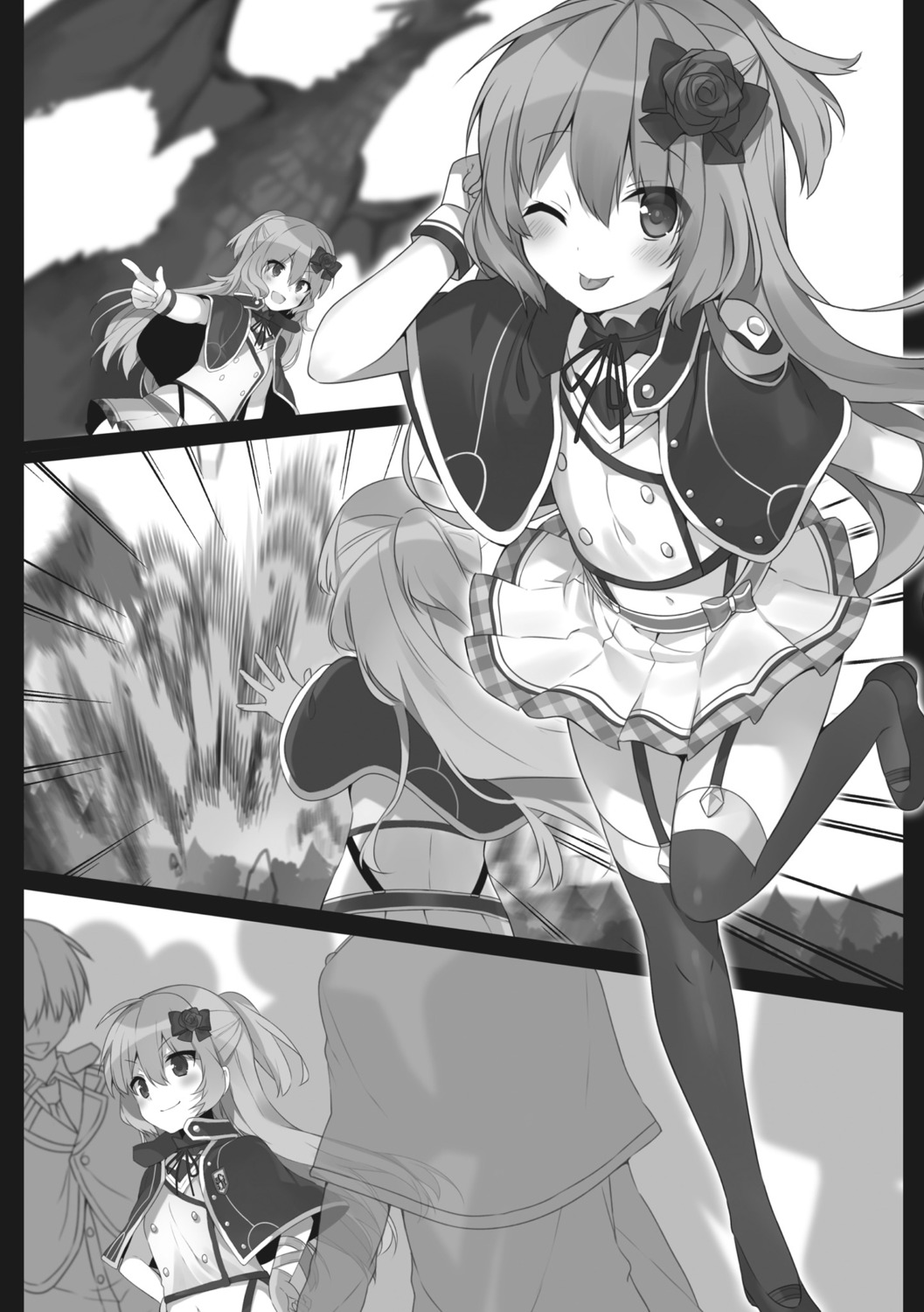 celica_arfonia, heels, mishima_kurone, monochrome, monster, rokudenashi_majutsu_koushi_to_akashic_record, rokudenashi_majutsu_koushi_to_memory_record, seifuku