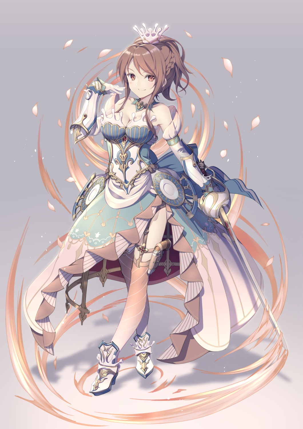 armor, black_tea_(food_fantasy), cleavage, food_fantasy, gun, heels, stockings, sword