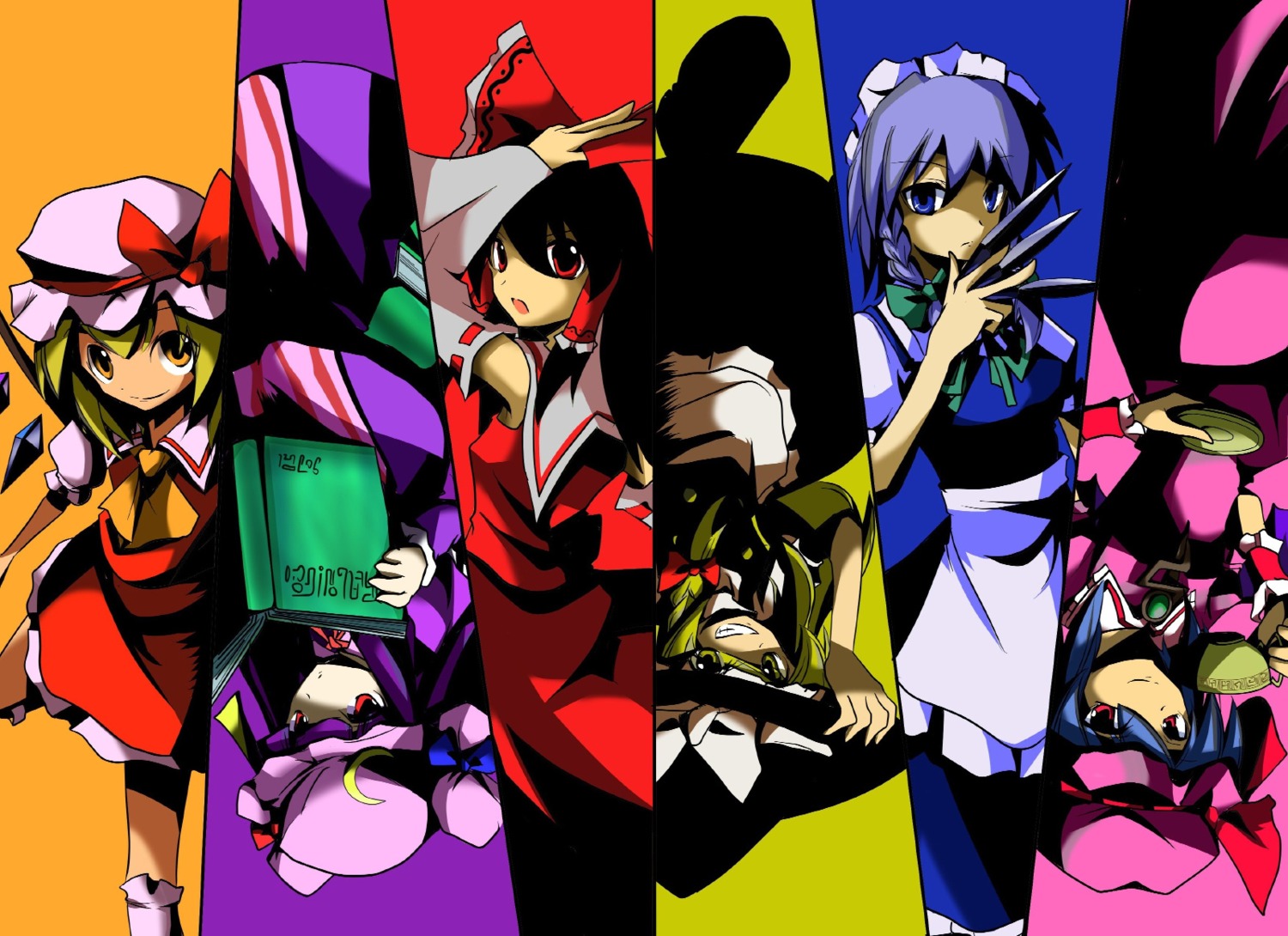 flandre_scarlet, hakurei_reimu, izayoi_sakuya, japanese_clothes, kirisame_marisa, miko, mukuroi, patchouli_knowledge