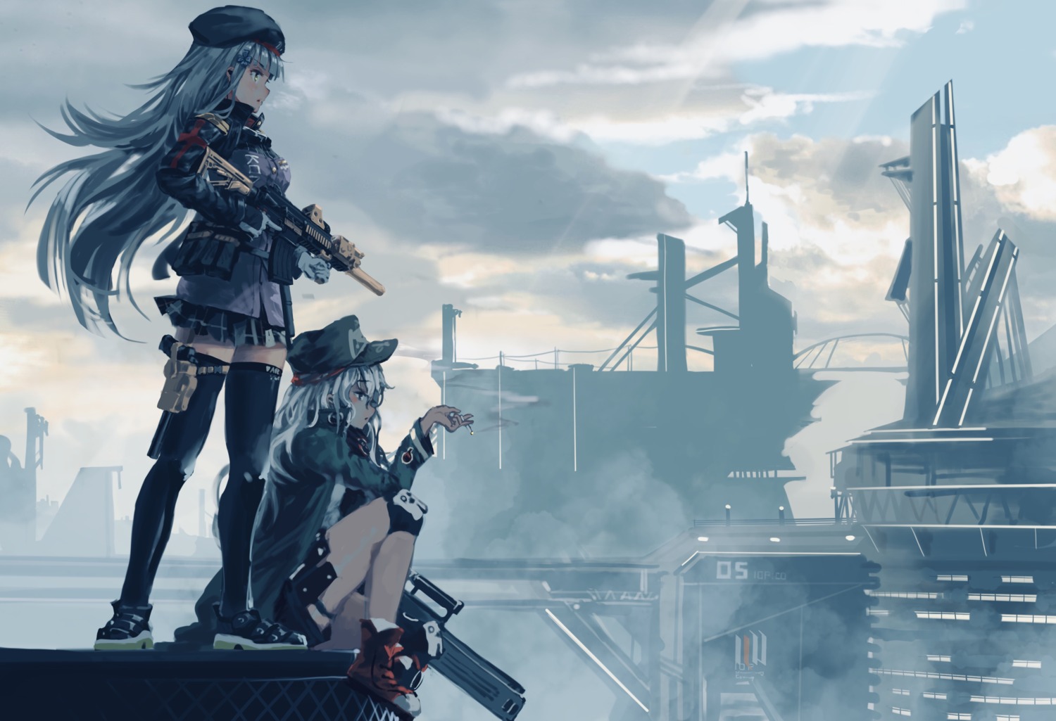 aamond, g11_(girls_frontline), girls_frontline, gun, hk416_(girls_frontline), landscape, smoking, thighhighs