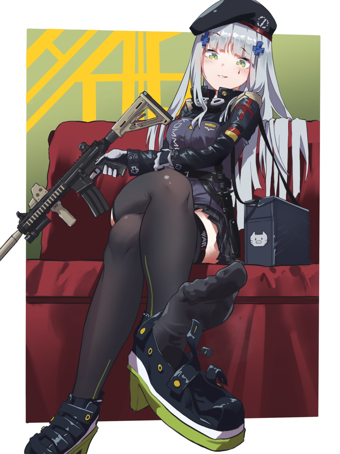 aamond, feet, girls_frontline, gun, heels, hk416_(girls_frontline), thighhighs