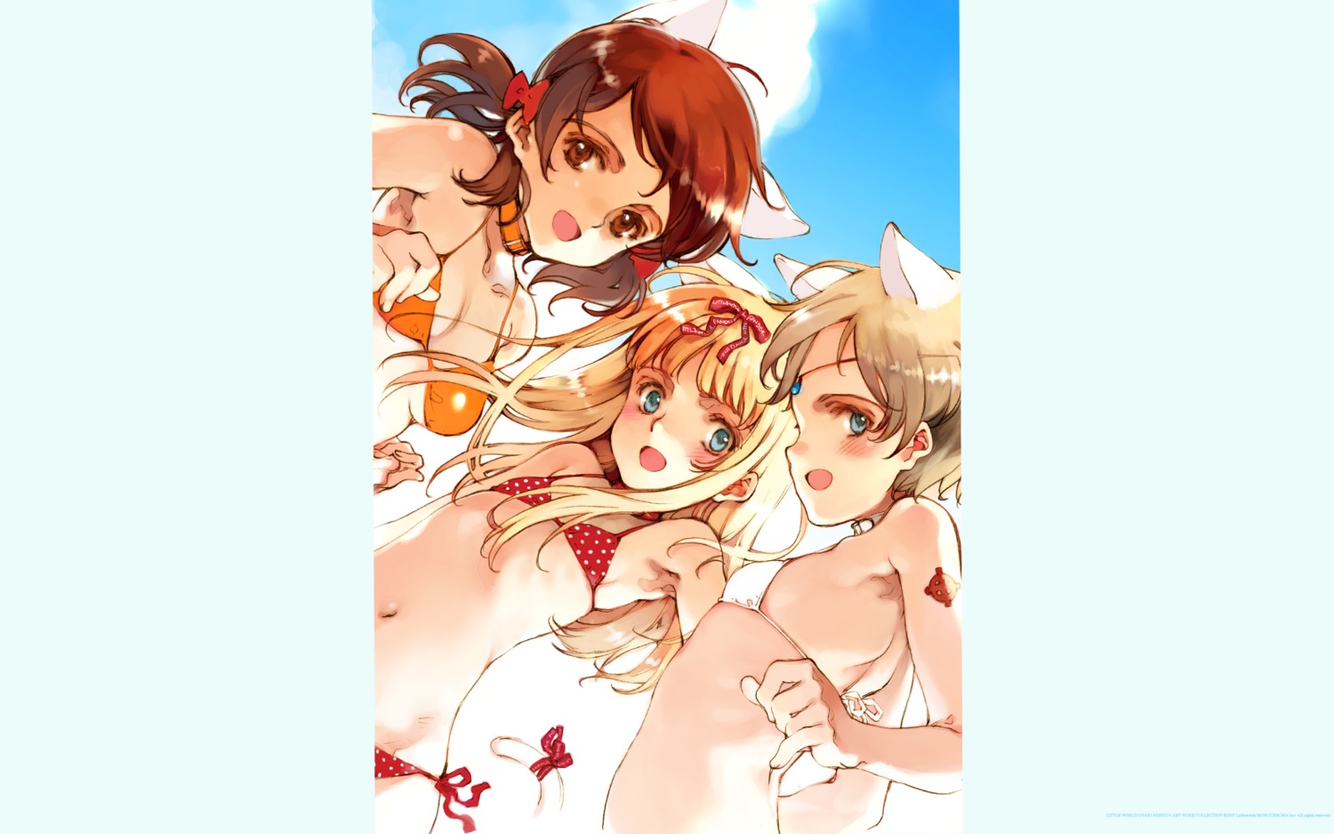 animal_ears, bikini, cleavage, crossover, ema_(shirotsume_souwa), juni_argiano, littlewitch, nekomimi, oyari_ashito, quartett!, rosetta_(little_witch_romanesque), shirotsume_souwa, shoujo_mahou_gaku_little_witch_romanesque, swimsuits, tail, underboob, wallpaper