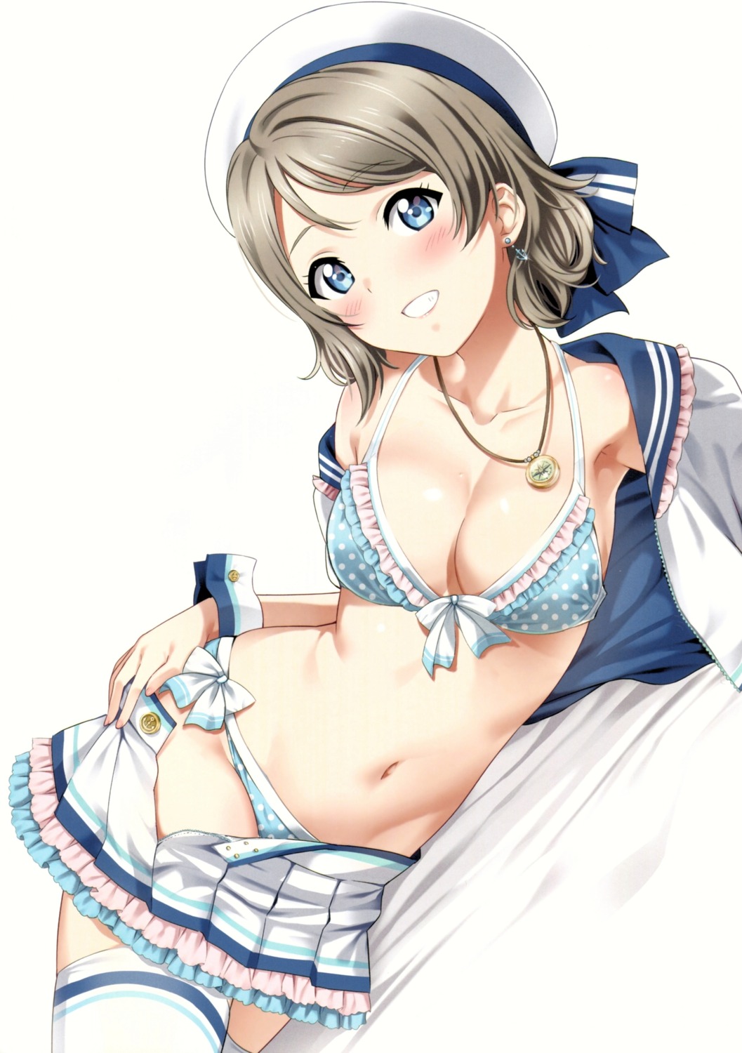 agoitei, bikini, cleavage, love_live!_(series), love_live!_sunshine!!, open_shirt, sankuro, swimsuits, thighhighs, undressing, watanabe_you