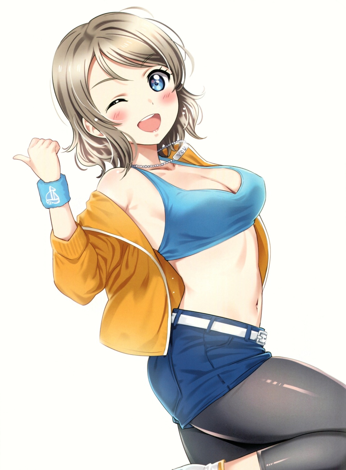 agoitei, cleavage, love_live!_(series), love_live!_sunshine!!, open_shirt, pantyhose, sankuro, watanabe_you