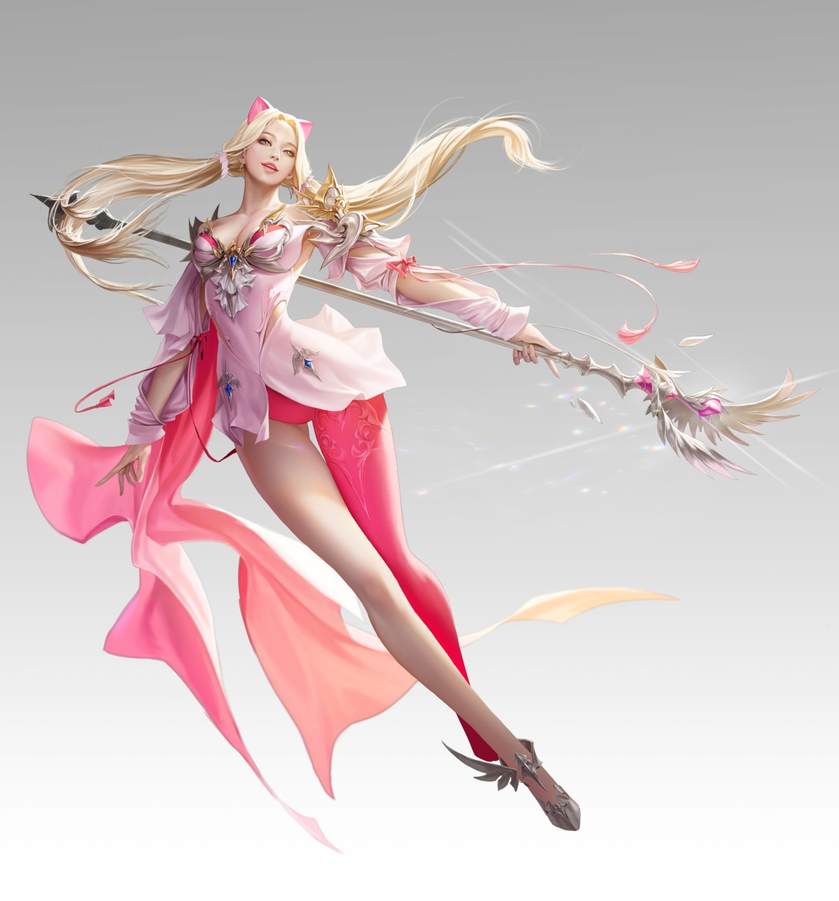 animal_ears, armor, cleavage, taekwon_kim, weapon