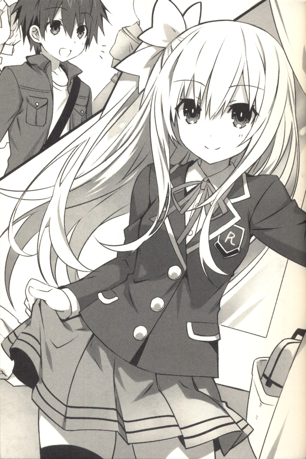 date_a_live, mayuri_(date_a_live), monochrome, seifuku, skirt_lift, thighhighs, tsunako