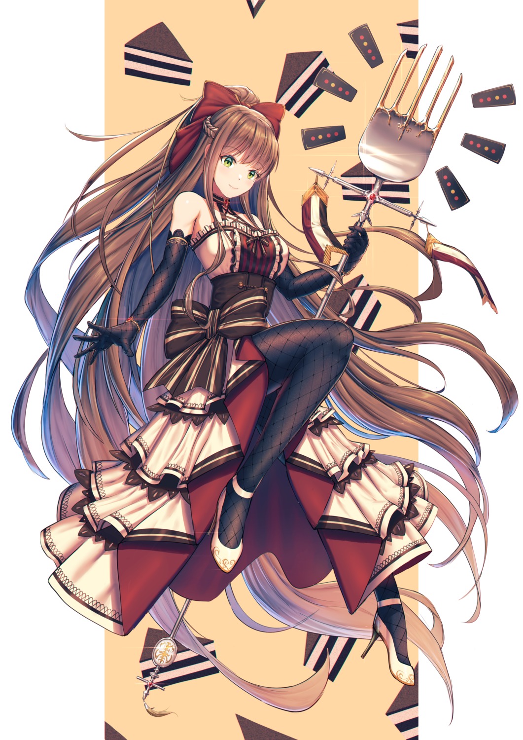 dress, fishnets, food_fantasy, heels, mazel, mazeru_(oekaki1210), pantyhose, tiramisu_(food_fantasy), weapon